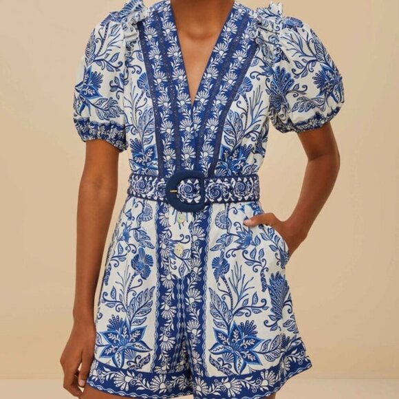 Farm Rio Off-White Shell Garden Organic Cotton Romper Women's Size XL Blue - Picture 3 of 4